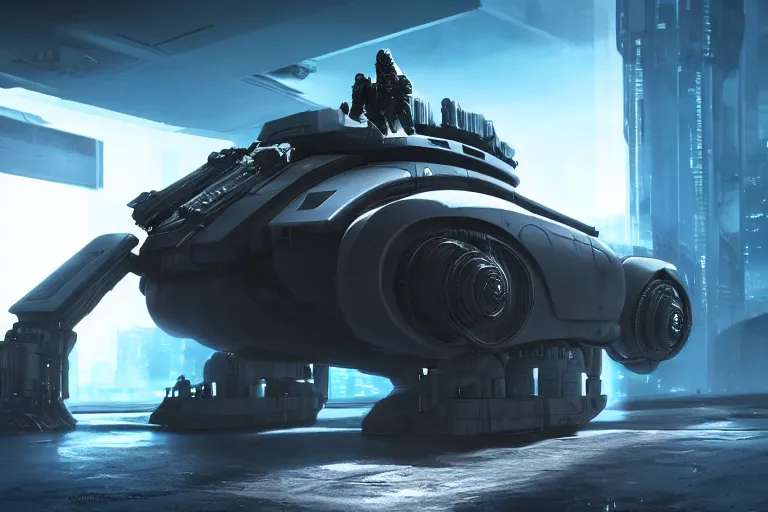 Image similar to cyberpunk alien concept inspired tank, futuristic look, highly detailed body, very powerful, photorealistic camera shot, bright studio setting, studio lighting, crisp quality and light reflections, unreal engine 5 quality render