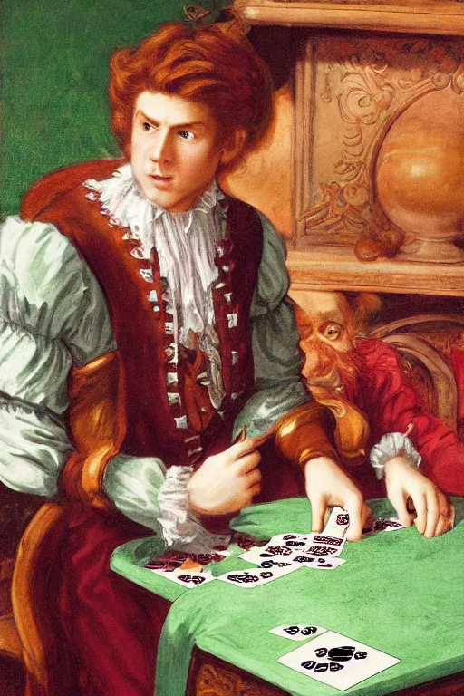 Prompt: intricate beautiful wide - shot, the handsome man, blonde reddish hair, in green and pink clothes of 1 7 th century, holds playing cards, in card's player by sezanne, matte painting, renaissance painting, by paul sezanne by leyendecker, by artgerm, rutkowskyi