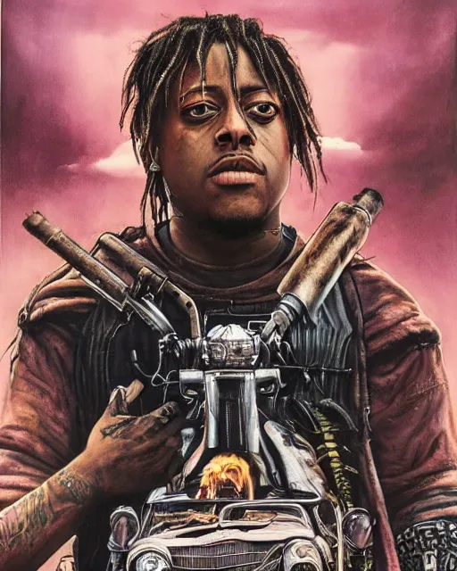 Prompt: juice wrld in dystopian raider mad max post apocalpytic, airbrush, drew struzan illustration art, key art, movie poster