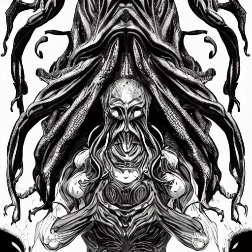 Image similar to 4 k headshot of godlike cthulhu with defined arms and open hands and bloody clothes with giant mandala wings, intricate face, flawless anime cel animation by kentaro miura, psychedelic, highly detailed upper body, professionally post - processed, beautiful, scary, symmetry accurate features, epic, octane rendered, anime masterpiece, accurate