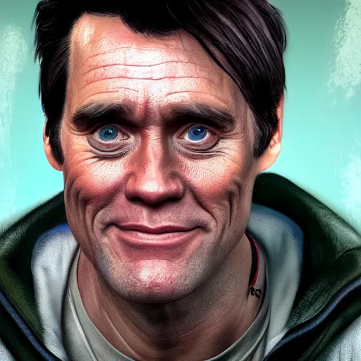 Image similar to hyper - realistic portrait of jim carrey in a gta game, concept art, 3 d, 4 k