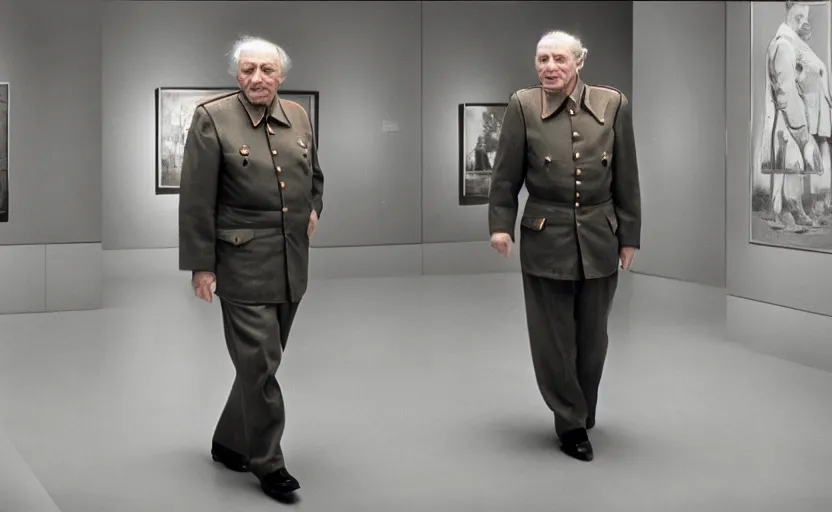 Prompt: 50s movie still close-up portrait of an elder soviet general walking in an empty museum, by David Bailey, Cinestill 800t 50mm eastmancolor, heavy grainy picture, very detailed, high quality, 4k, HD criterion, precise texture and facial expression