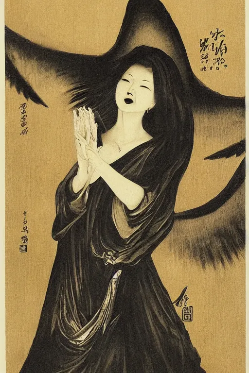Image similar to angel of death smiling in the dark night, art by takeshi ohbata, tsugumi ohba, takeshi miike, raden saleh