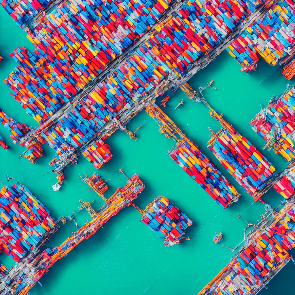 Prompt: colorful construction site with pools of bright blue water, colorful shipping containers, colorful tugboats, birds eye view