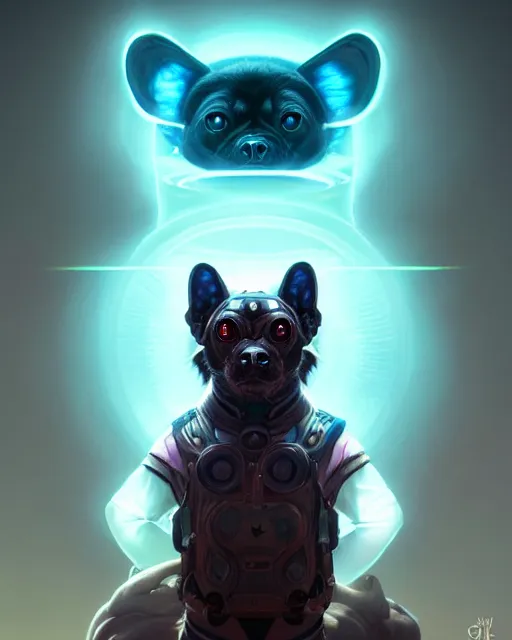 Image similar to one singular portrait of a cute bioluminescent dog-man with large glowing eyes, highly detailed, digital painting, cinematic, hyper realism, dark retrowave, art by Stanley Lau and Artgerm and magali villeneuve and Alphonse Mucha, artstation, octane render, cgsociety