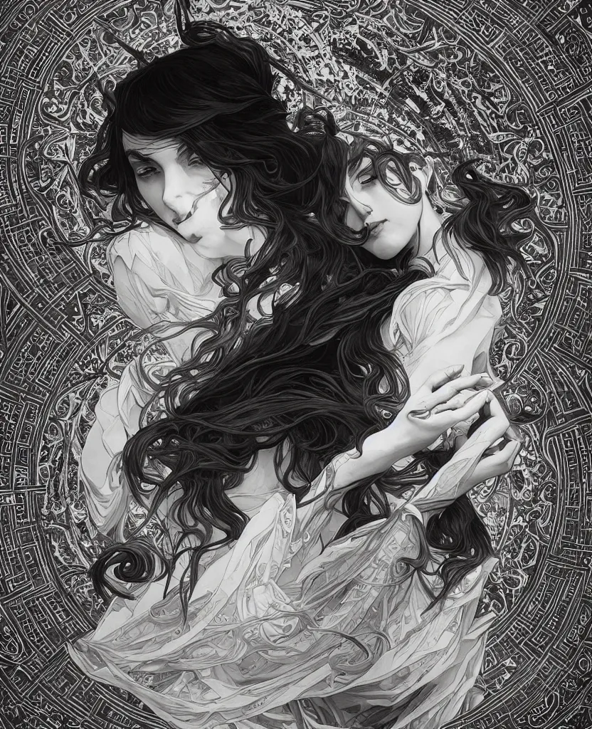 Prompt: black and white illustration of mystical geometrical alchemical symbols, deep focus, intricate, elegant, highly detailed, foggy, misterious, digital painting, artstation, concept art, matte, sharp focus, art by artgerm and greg rutkowski and alphonse mucha