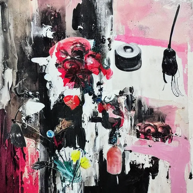 Image similar to “ a portrait in a female art student ’ s apartment, sensual, a pig theme, art supplies, paint tubes, ikebana, herbs, a candle dripping white wax, black walls, squashed berries, berry juice drips, acrylic and spray paint and oilstick on canvas, surrealism, neoexpressionism ”