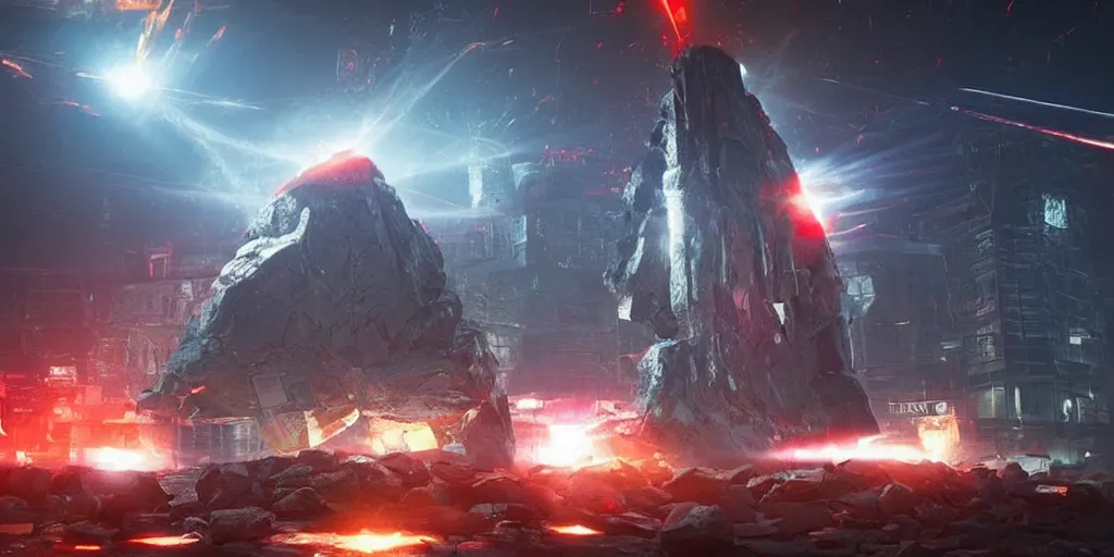 Image similar to a huge towering and broken stone tablet with red light + alien pattern, stands in the center of a prosperous city at the end of the world, and the power and energy is explode, secret, mysterious, doomsday, landscape, video game control, quantum break, arknights,