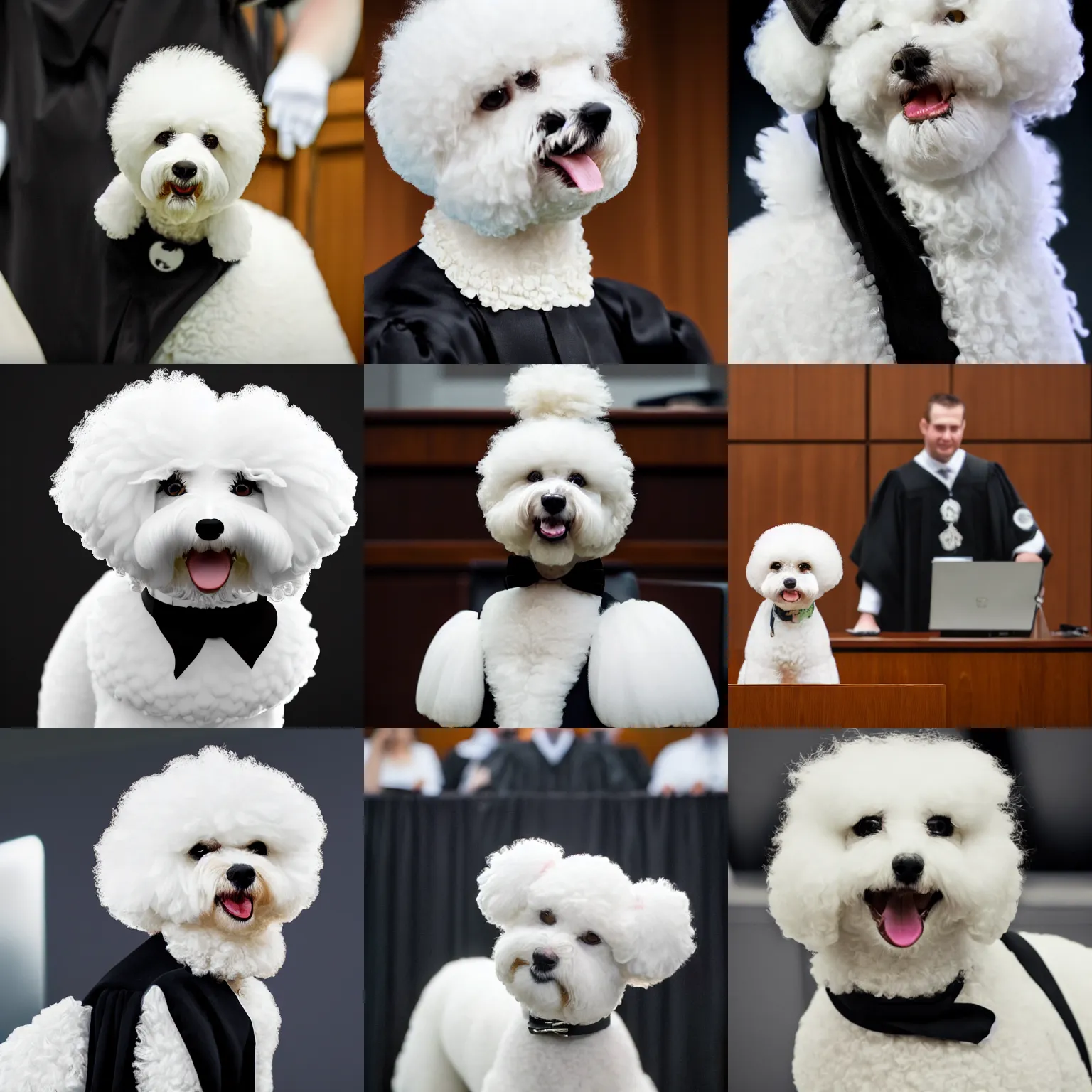 Image similar to a closeup photorealistic photograph of a cute smiling white bichon frise judge wearing a black gown and addressing a courthouse. this 4 k hd image is trending on artstation, featured on behance, well - rendered, extra crisp, features intricate detail, epic composition and the style of unreal engine.