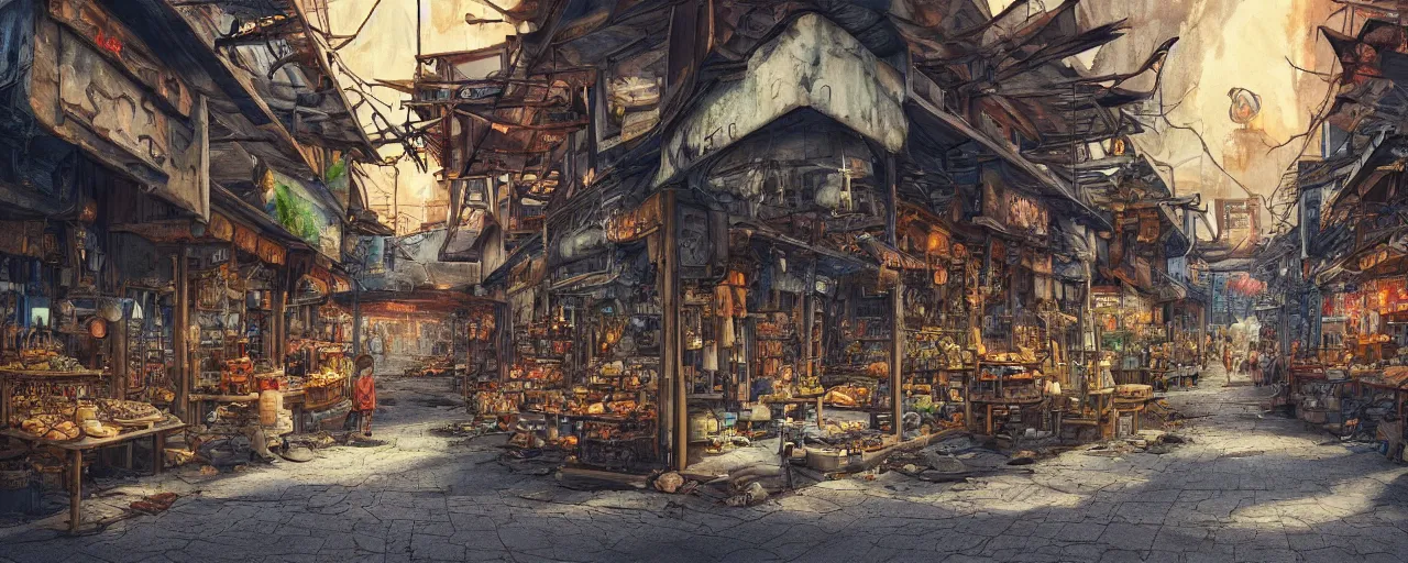 Prompt: “The eerie, forlorn atmosphere of a marketplace that is usually bustling with people but is now destroyed by wildfire in the style of studio ghibli, fantasy book illustration 8k movie poster, cinematic composition, ultra detailed, HDR shot, bright colours, happy faces”