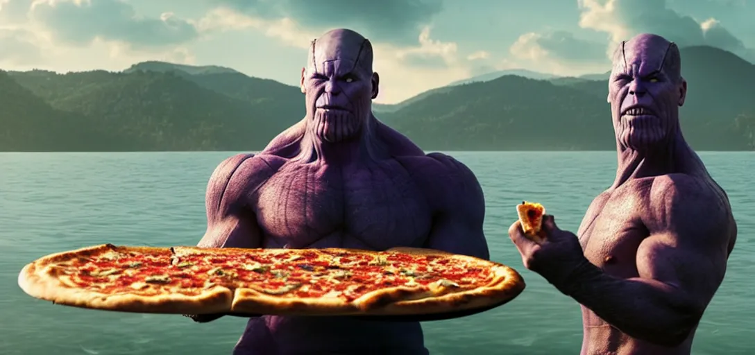 Prompt: a very high resolution image from a new movie. thanos eating pizza on a lake, photorealistic, photography, directed by wes anderson