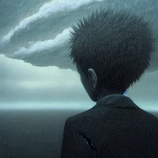 Image similar to killua hxh made by zdzisław beksinski, thunderstorm, 8 k, detailed, cinematic, rain, crying, black, suit