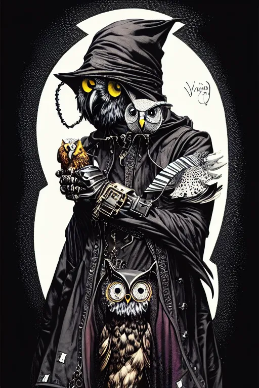 Image similar to side view of a hooded steampunk alchemist wizard holding his majestic owl on glove, high details, bold line art, by vincent di fate and joe fenton, inking, etching, screen print, masterpiece, trending on artstation, sharp, high contrast, hyper - detailed,, hd, 4 k, 8 k