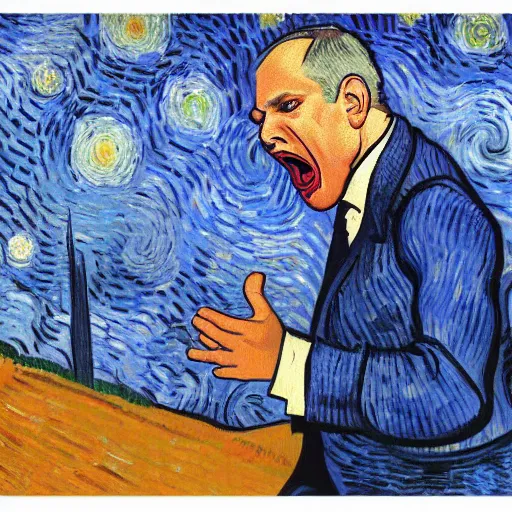 Image similar to portrait of benjamin netanyahu screaming, by vincent van gogh, high quality, highly detailed, photorealistic lighting