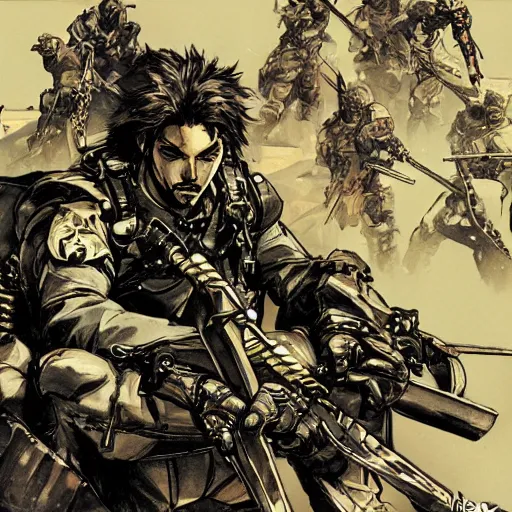 Image similar to hero sitting on a chair holding a sword on his back, looking at a army in the background illustrated by yoji shinkawa, pencil art, extra detail, dynamic, colored, blood, metal swords, sharp lines, textures, cyberpunk, handsome face