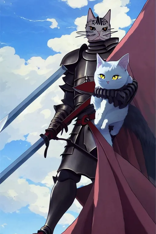 Image similar to a full body of the knight with a cat on his head holding berserk's great sword, finely detailed features, closeup at the faces, perfect art, gapmoe yandere grimdark, trending on pixiv fanbox, painted by miura kentaro greg rutkowski makoto shinkai takashi takeuchi studio ghibli, akihiko yoshida