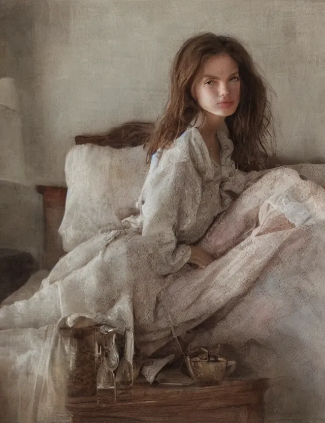 Prompt: Aristocrat girl in the cottage in the morning in a Pajama, country style, portrait, Cinematic focus, Polaroid photo, vintage, neutral colors, soft lights, foggy, by Steve Hanks, by Serov Valentin, by lisa yuskavage, by Andrei Tarkovsky 8k render, detailed, oil on canvas