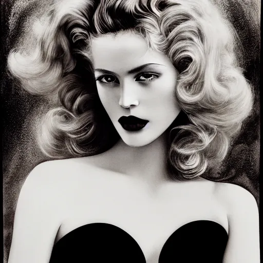 Prompt: stunning black and white portrait of a beautiful blonde woman by herb ritts. long curly glossy hair and makeup. vintage glamour. shiny dark lips. fashion photography. highly detailed and realistic watercolor painting on canvas. brush strokes.