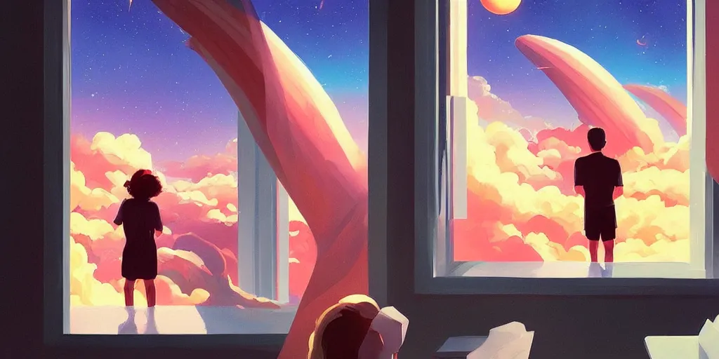 Prompt: two people looking out a window at the sky, poster art by rhads, behance contest winner, space art, synthwave, retrowave, speedpainting