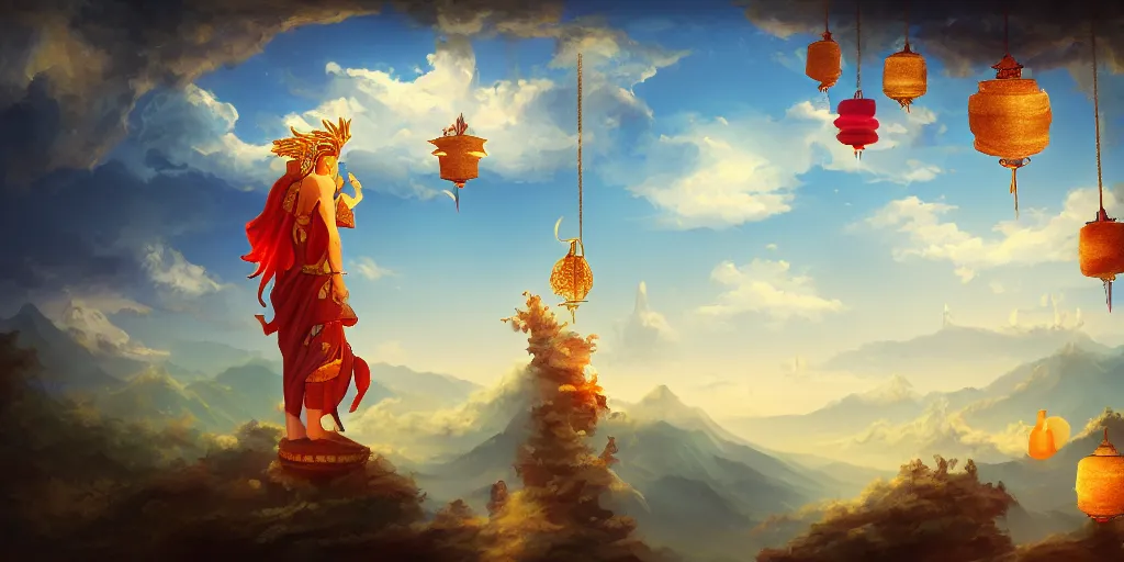 Prompt: painting of wind god enjoying the view from his stone heavenly palace, decorated with windchimes and paper lanterns, nature and clouds in background, digital art, trending on artstation