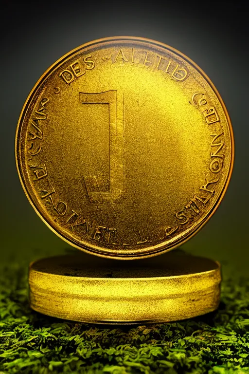 Image similar to SA magical gold coin on a bed of moss, dramatic lighting, cinematic, establishing shot, extremely high detail, foto realistic, cinematic lighting, post processed, concept art, high details, cinematic, 8k resolution, beautiful detailed, photorealistic, digital painting, artstation, concept art, smooth, sharp focus, artstation trending, octane render, unreal engine