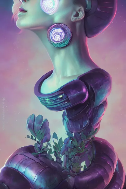 Image similar to digital portrait of an eloquent alien plant queen, straight on, full body character concept art, concept art, by artgerm, tom bagshaw, gerald brom, vaporwave colors, lo fi colors, vaporwave, lo fi, 4 k, hd, rendered with substance designer, small details,