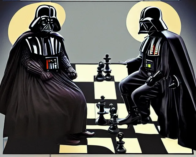 Image similar to darth vader playing chess with a witch