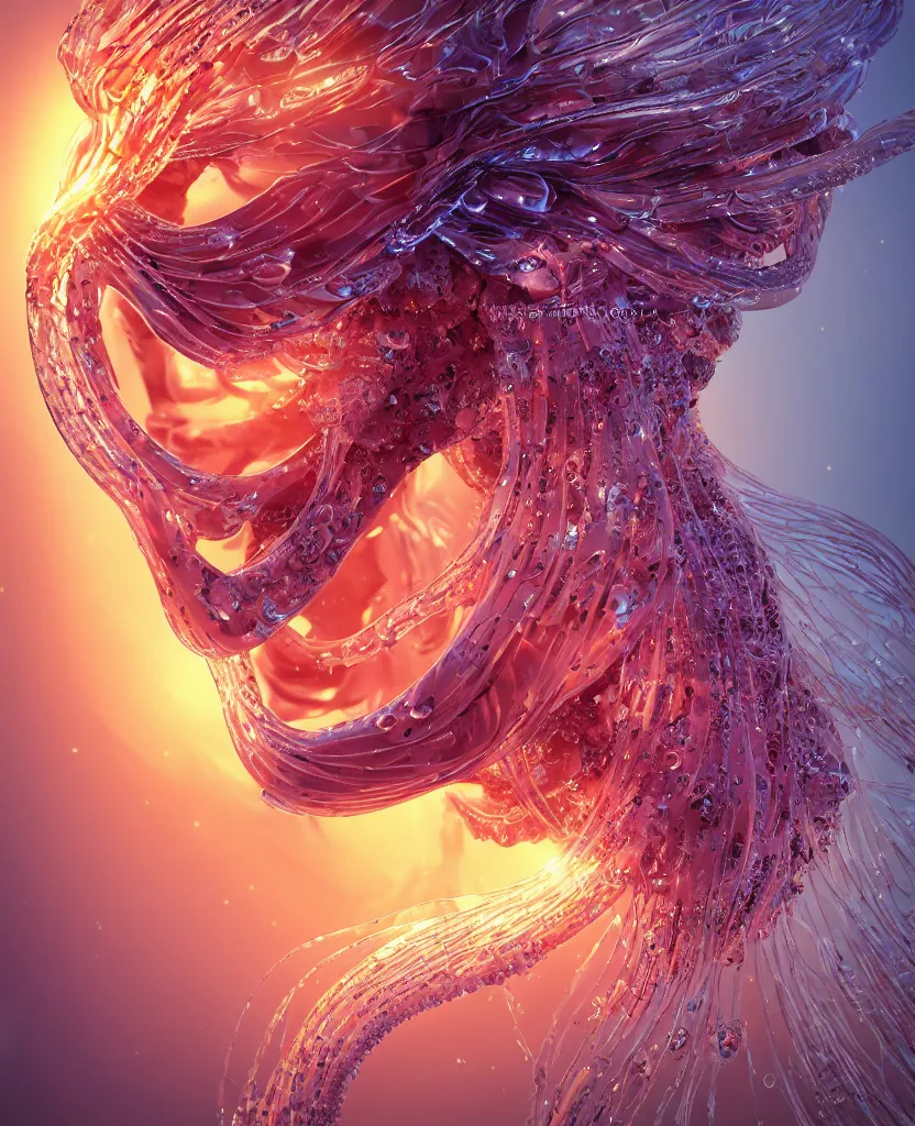 Image similar to close-up macro portrait of the face of a beautiful princess, epic angle and pose, symmetrical artwork, 3d with depth of field, blurred background, cybernetic jellyfish female face skull phoenix bird, translucent, nautilus, energy flows of water and fire. a highly detailed epic cinematic concept art CG render. made in Maya, Blender and Photoshop, octane render, excellent composition, cinematic dystopian brutalist atmosphere, dynamic dramatic cinematic lighting, aesthetic, very inspirational, arthouse. y Greg Rutkowski, Ilya Kuvshinov, WLOP, Stanley Artgerm Lau, Ruan Jia and Fenghua Zhong