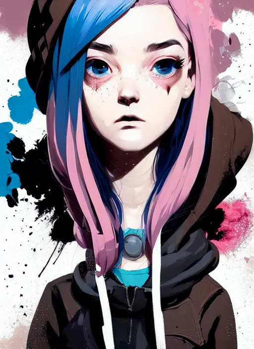Image similar to highly detailed portrait of a urban punk lady student, blue eyes, hoodie, white hair by atey ghailan, by greg rutkowski, by greg tocchini, by james gilleard, by joe fenton, by kaethe butcher, gradient black, brown and pink color scheme, grunge aesthetic!!! ( ( graffiti tag wall background ) )