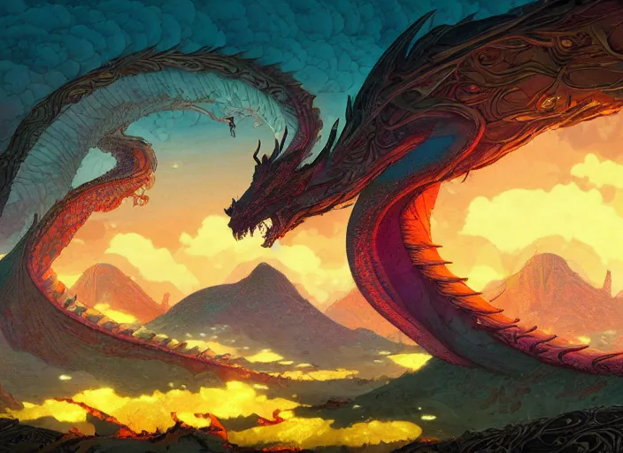 Image similar to psychedelic concept art of a dragon landscape made of thousands of spiraling dragons, cel shaded, in the style of makoto shinkai and moebius and peter mohrbacher and anton fadeev