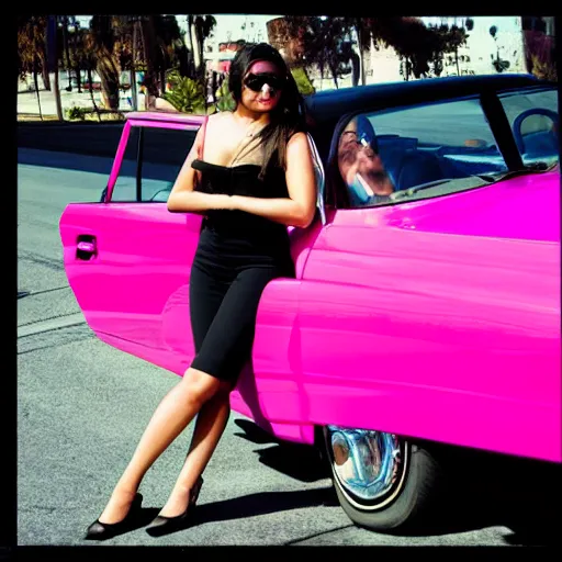 Prompt: Young woman in Los Angeles driving pink lowrider, high contrast, photo