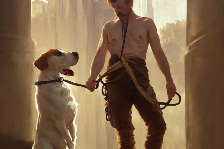 Image similar to a man tied to a pillar and jack russel terrier pissing on him, highly detailed, hyperrealistic digital painting, artstation, concept art, smooth, sharp focus, illustration, cinematic lighting, art by artgerm and greg rutkowski and alphonse mucha