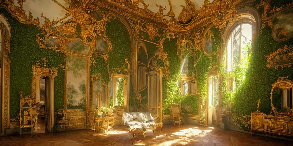 Prompt: a dream about Mallard Duck with a green head inside an opulent, ornate, abandoned overgrown Palace of Versailles, lush plants growing through the floors and walls, walls are covered with vines, beautiful, dusty, golden volumetric light shines through giant broken windows, golden rays fill the space with warmth, rich with epic details and dreamy atmosphere