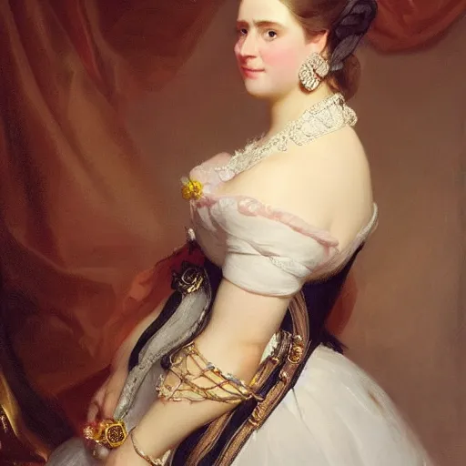 Prompt: an beautiful portrait render of a Queen by Franz Xaver Winterhalter, vivid, trending on artstation, Pinterest, beautiful face, highly detailed, fancy, Romanticism, Rococo