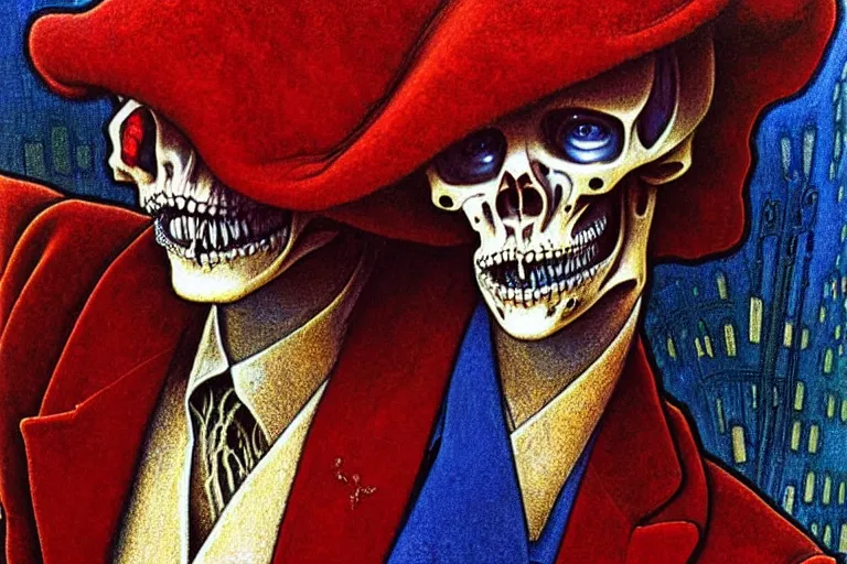 Image similar to realistic detailed closeup portrait painting of a single skeleton wearing red velvet blazer in a crowded futuristic moscow street by Jean Delville, Amano, Yves Tanguy, Alphonse Mucha, Ernst Haeckel, Edward Robert Hughes, Roger Dean, rich moody colours, blue eyes