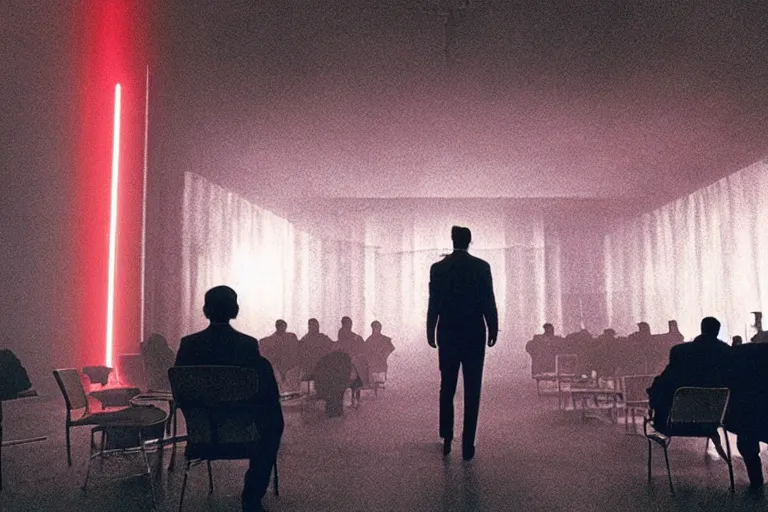 Image similar to back of a man facing a dark conference hall, people cheering at the atmospheric and obscure, red neon light, by roger deakins, cinematography, syd mead