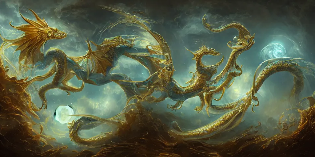 Prompt: concept art of translucent glowing curvy siren dancing, big booty, flowy, melting, round moon, swirly clouds, very detailed, volumetric light, mist, fine art, textured oil over canvas, dragons, epic fantasy art, very colorful, ornate intricate scales, gold skulls, fractal gems, 8 k, hyper realistic, high contrast