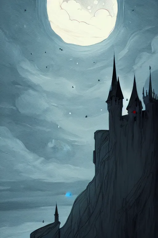 Prompt: a poster style painting of at night, a gothic castle on a cliff with a starry moon 🌙 in the background ， by abigail larson, 8 k, hd, artstation