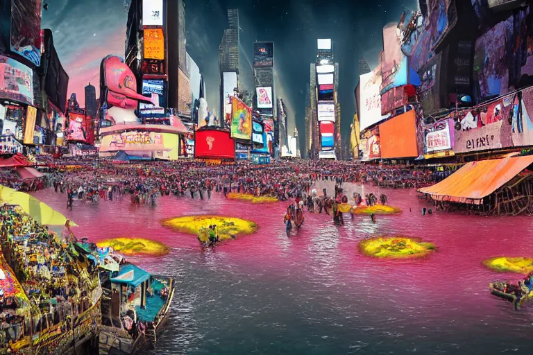 Image similar to floating markets of times square on new york on danakil depression with acid pools in grand mount roraima during sakura season on an interstellar aurora borealis, pink waterfalls, vendors, festivals, fun, by peter mohrbacher, james jean, james gilleard, greg rutkowski, vincent di fate, rule of thirds, octane render, beautiful landscape