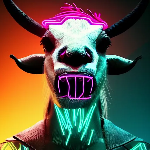 Prompt: synthwave demonic scary goat face with neon horns, detailed face, sharp focus, synthwave art, aesthetic, octane render, raw, cinematic