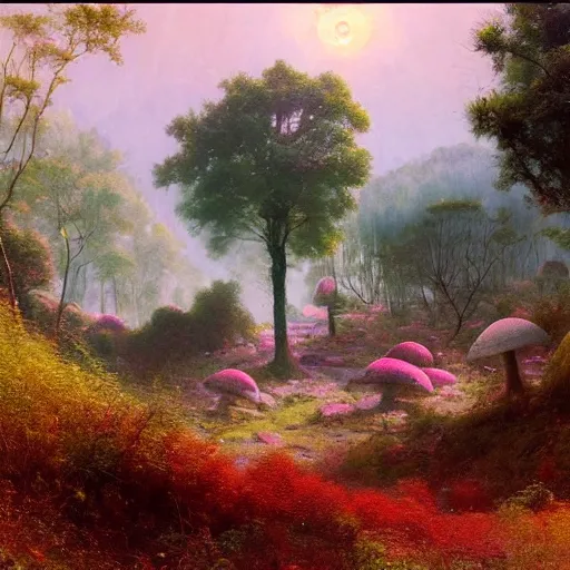 Prompt: A lovely picture of an alien landscape with mycelium aliens by John Berkey, by George Inness, by john Harris, forest made out of mushroom, purple and red and white gradient colour theme, trending on DeviantArt, rendered in blender, 8k resolution, Mountains, no green