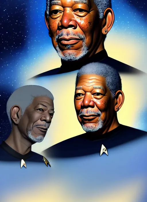 Image similar to cute star trek officer morgan freeman, natural lighting, path traced, highly detailed, high quality, digital painting, by don bluth and ross tran and studio ghibli and alphonse mucha, artgerm