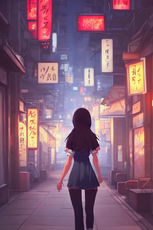 Image similar to a beautiful girl with dark hair walking down a japanese style street, ambient lighting, dynamic lighting, 4k, official media, anime key visual, makoto shinkai, ilya kuvshinov, rossdraws, detailed, trending on artstation