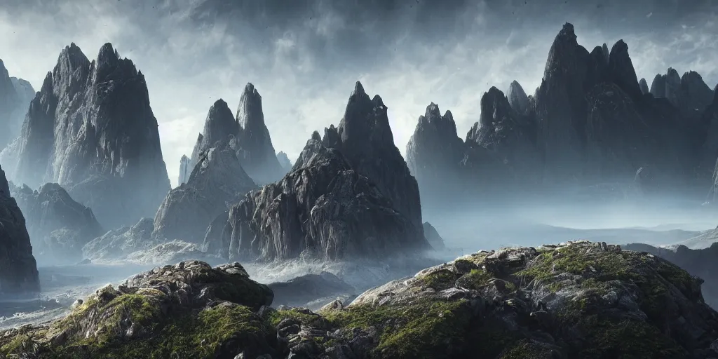 Image similar to alien environment with epic mountains and cliffs by james clyne, epic lighting, cinematographic, 8 k, award winning, ultra detailed