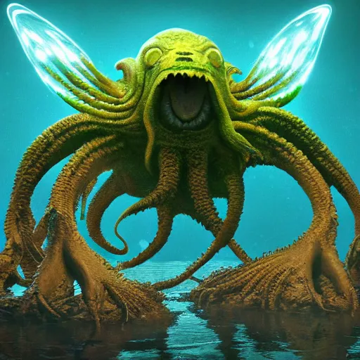 Prompt: cthulhu, expressive eyes, floating, rbc, radiolaria, protophyta, micro - organisms, center frame, symmetric, rim light, marine microbiology, bioluminescence, electric, fur, soft, concept art, intricate details, highly detailed, colorful, photorealistic, disney pixar, octane render,