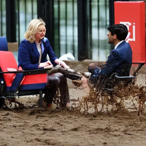 Prompt: high quality photo of liz truss and rishi sunak catapulting sloppy mud at each other in an office