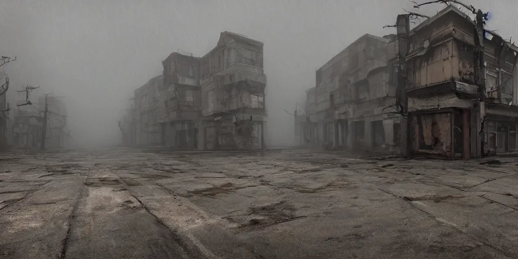 Prompt: wide angle shot of dilapidated silent hill in real life, desolate town, empty streets, nightmarish, some rusted retro futuristic parked cars, overcast, blankets of fog pockets, rain, volumetric lighting, beautiful, daytime, autumn, sharp focus, ultra detailed, cgsociety