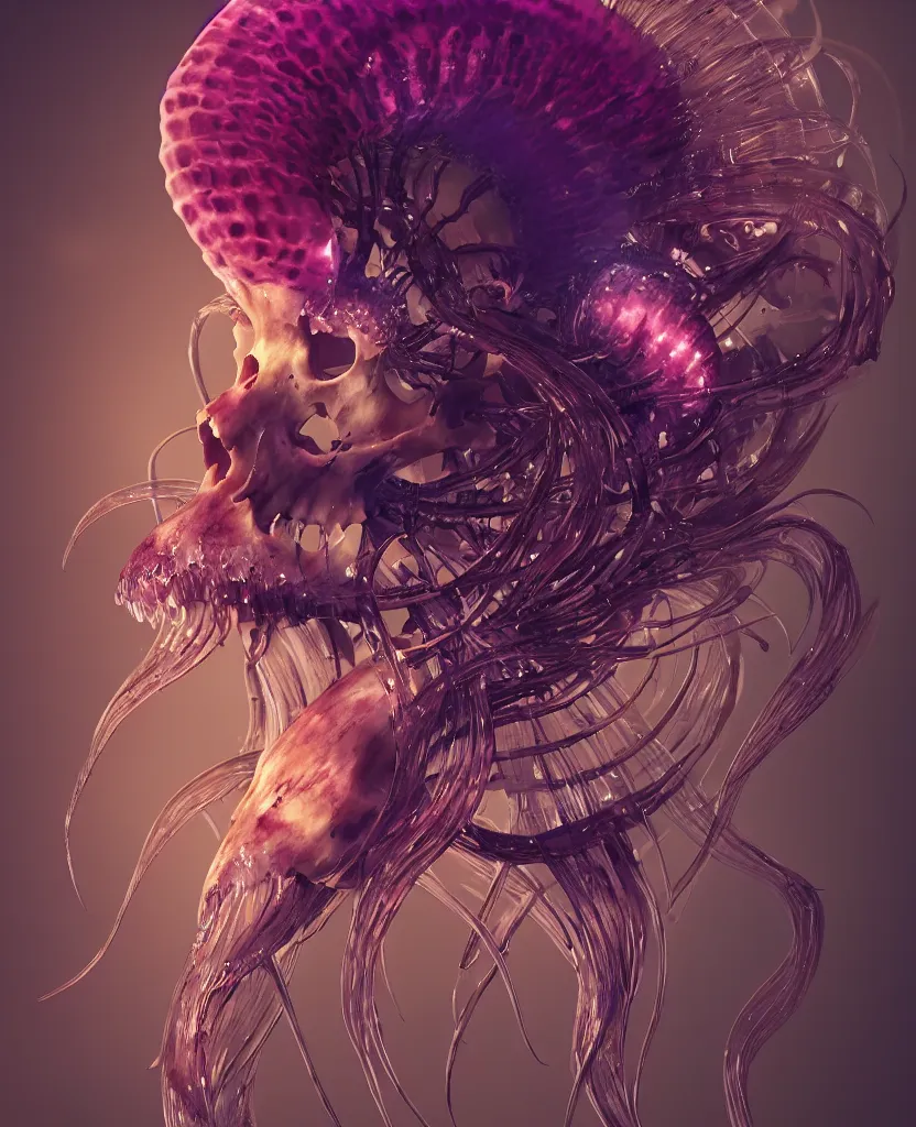 Image similar to goddess close-up portrait animal skull. jellyfish phoenix head, nautilus, orchid, skull, betta fish, bioluminiscent creatures, intricate artwork by Tooth Wu and wlop and beeple. octane render, trending on artstation, greg rutkowski very coherent symmetrical artwork. cinematic, hyper realism, high detail, octane render, 8k