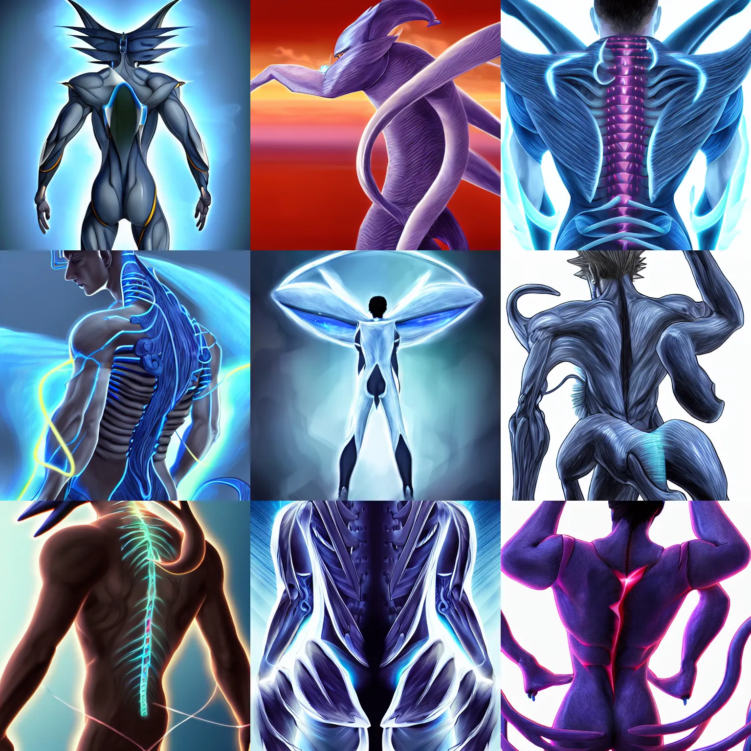 Prompt: human man with the tail of the pokemon dragonair attached to his whole spine, futuristic, electrical, back - shot, high tech, symmetrical, digital art, anatomy, d & d, 4 k hd, very detailed, drawing