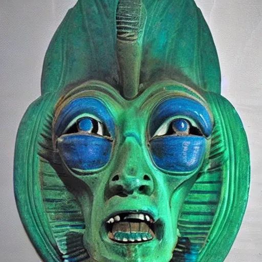 Prompt: weird alien blue and green body Egyptian head alien grotesque baroque gothic style dead space interior